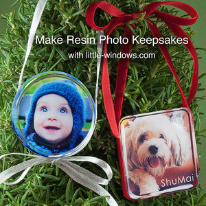 resin ornaments with photos and ribbon