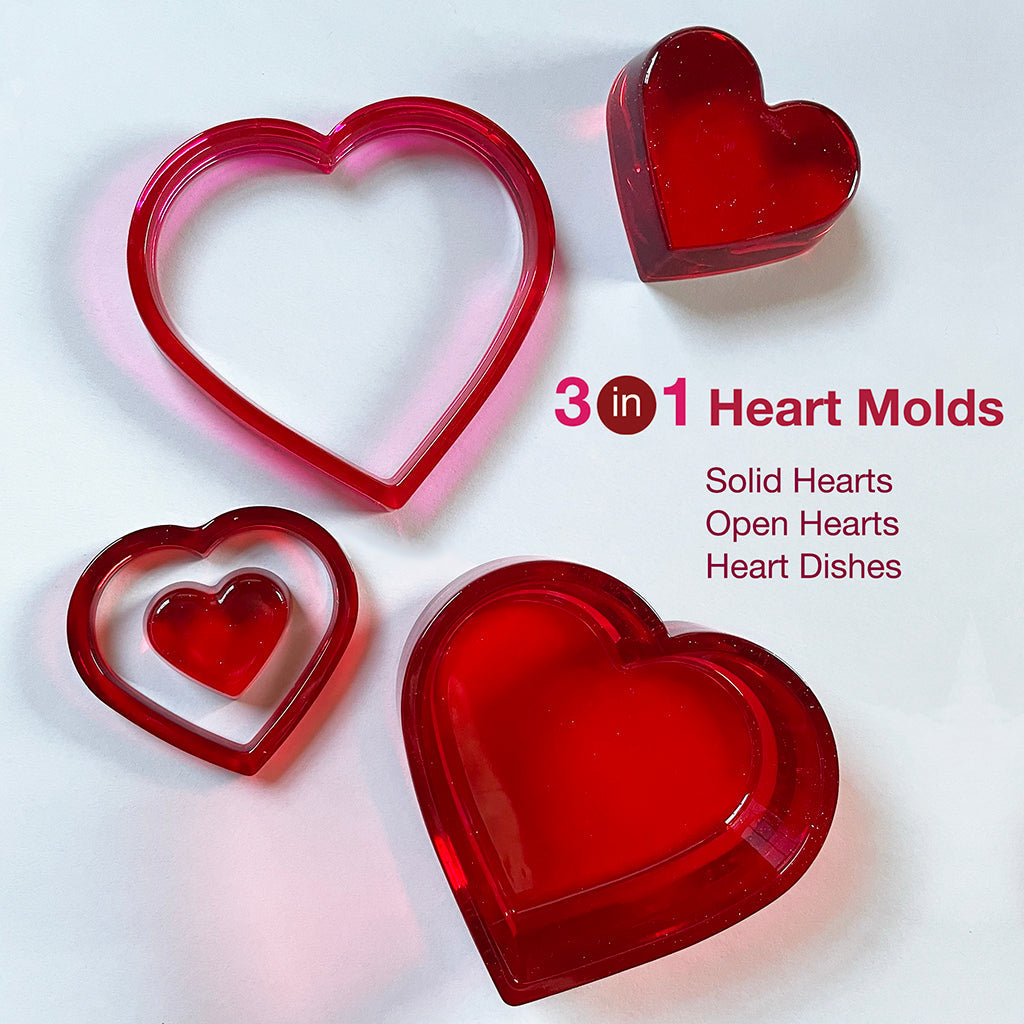 3-in-1 Heart Molds Set (super shiny silicone, make solid hearts, open  hearts, and heart dishes in 4 sizes)