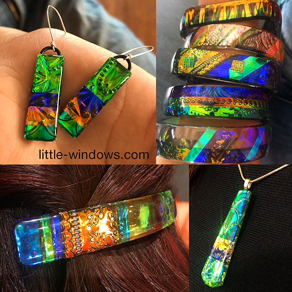 Fabric-Inspired, Dichro Patchwork Resin Jewelry and Hair Clips