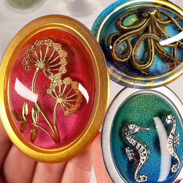 Framed Cabochons with Charms, Inks, Metallic Pigments