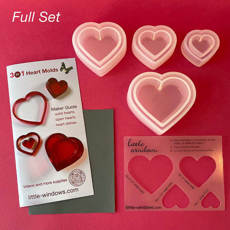 3-in-1 Heart Molds Set (super shiny silicone, make solid hearts, open  hearts, and heart dishes in 4 sizes)